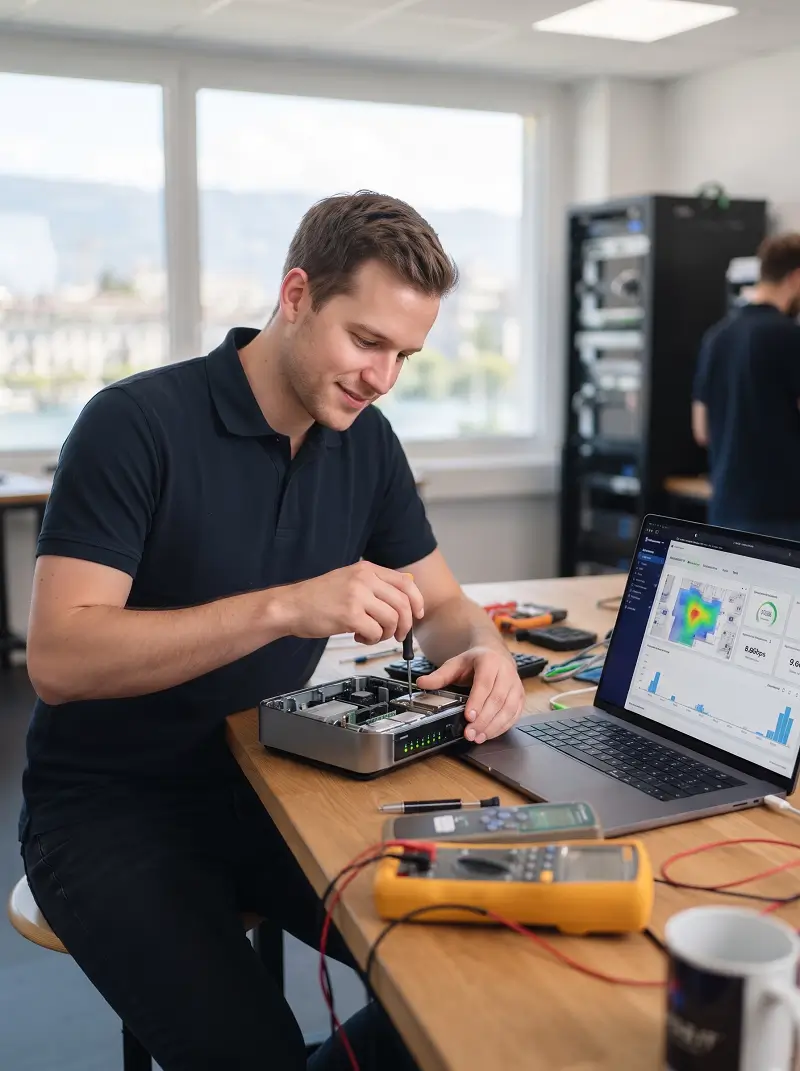 Technicien effectuant un dépannage informatique Genève sur un routeur avec diagnostic réseau sur ordinateur portable.