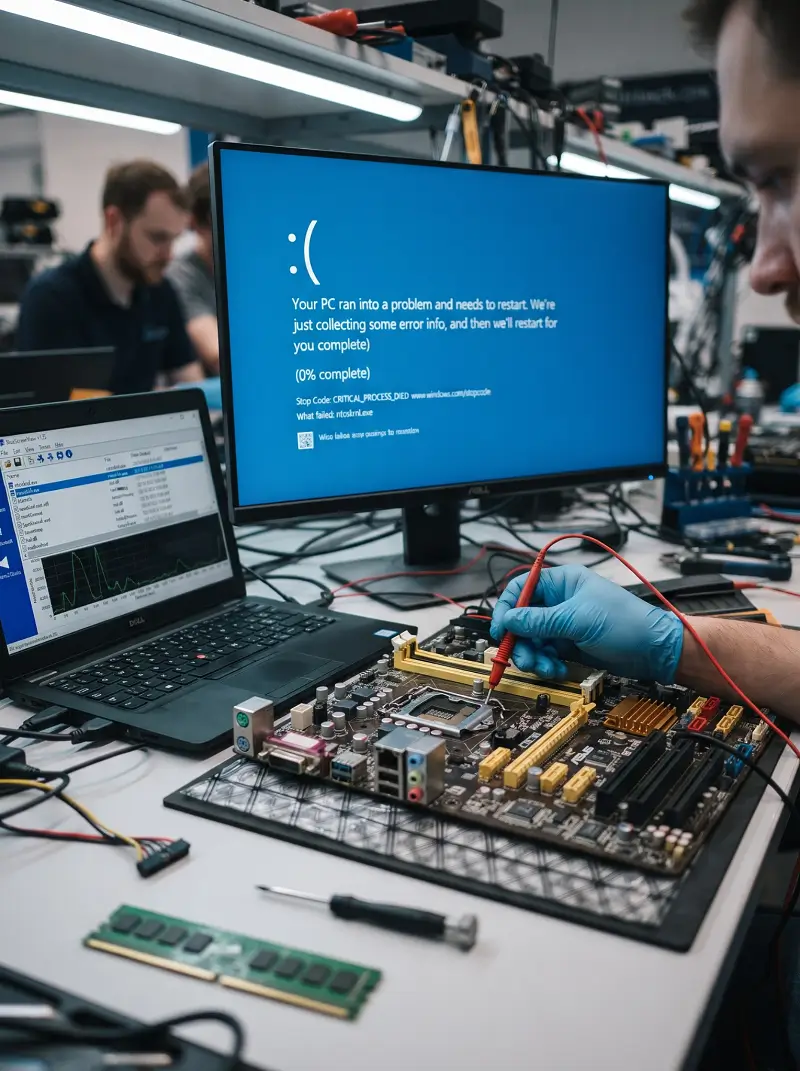 Un technicien informatique analyse une erreur d'écran bleu (BSOD) et teste la carte mère au centre de service de Genève.