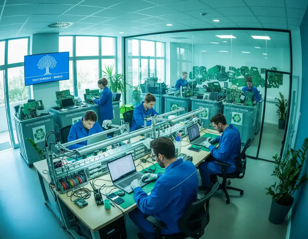 Techniciens réparant du matériel informatique dans un atelier de Tech Durable à Genève.