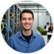 Spécialiste des réseaux informatiques souriant devant une baie de serveurs dans un bureau à Genève.