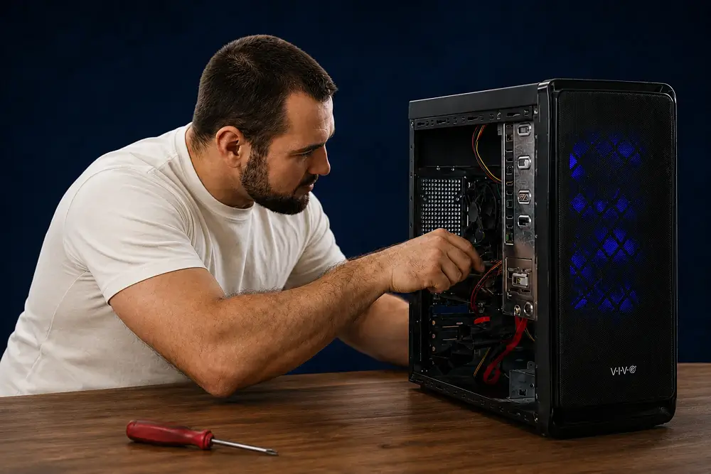 Technician repairing a desktop PC tower at a Geneva IT & Electronics workshop