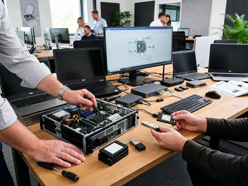 Techniciens de Genève Informatique & Électronique assemblant et configurant du matériel informatique professionnel Dell pour une entreprise genevoise