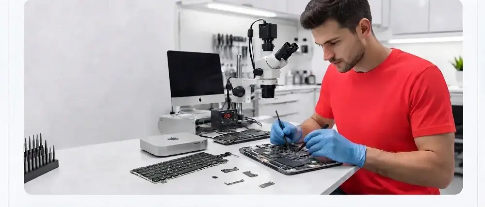Un technicien travaille dans un atelier de Genève pour un microphone pour la réparation d'une carte mère Apple-Mac.