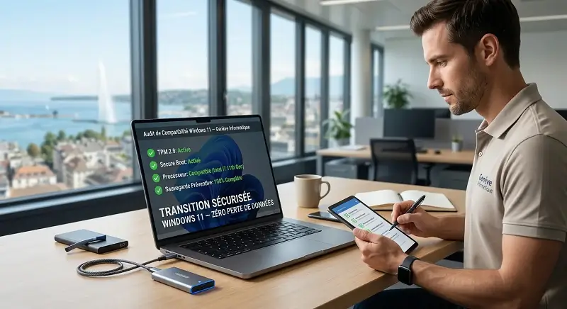 Technicien Genève Informatique & Électronique effectuant un audit TPM 2.0 et sauvegarde préventive pour transition sécurisée vers Windows 11