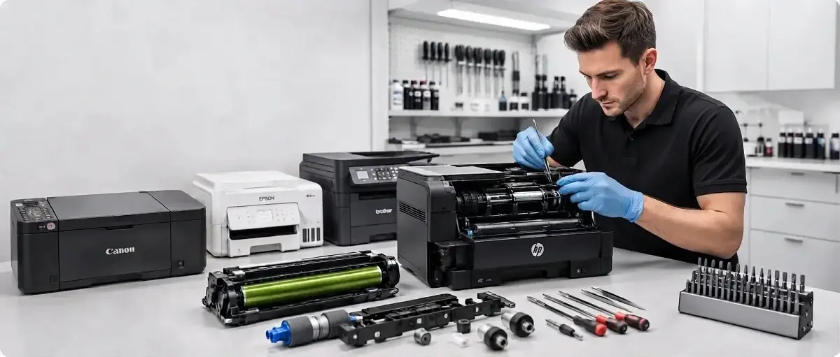 Un technicien informatique avec des appareils manuels répare dans un atelier d'impression HP sous l'égide d'un atelier de préparation.