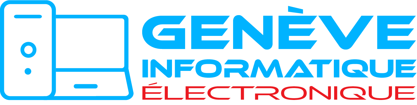 Logo de Genève Informatique Électronique avec une icône d'ordinateur bleue et du texte rouge.