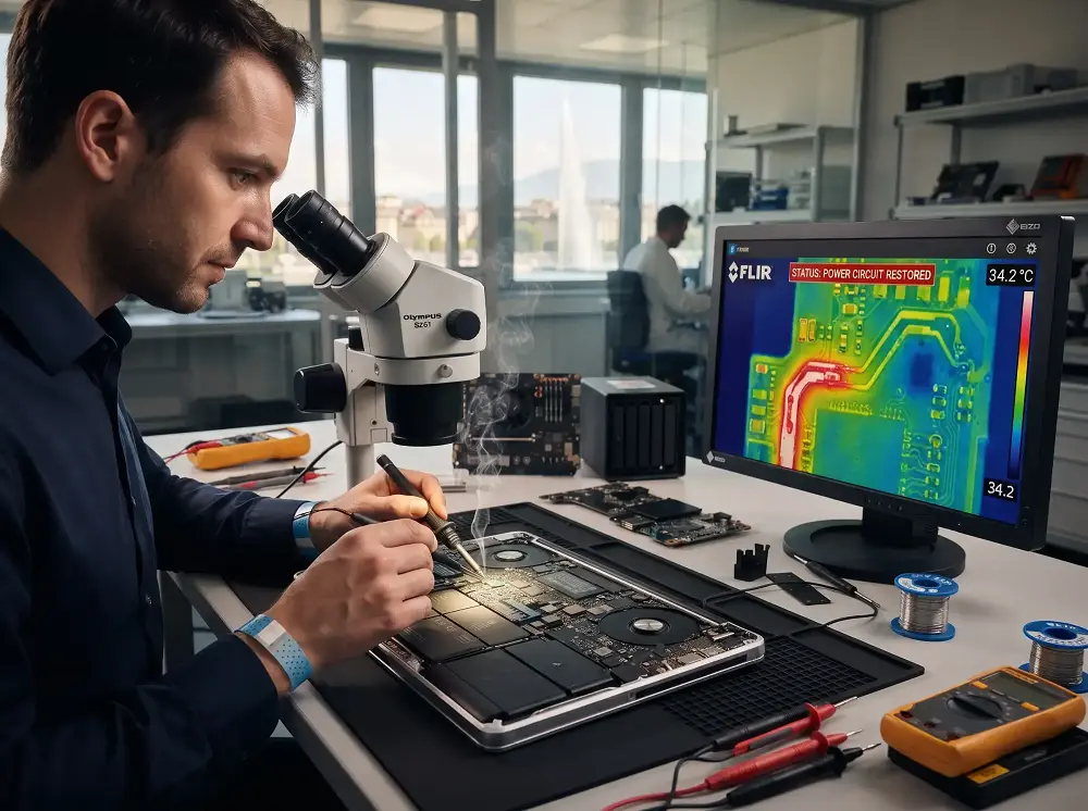 Technicien électronique Genève effectuant une micro-soudure sur une carte mère de MacBook sous microscope Olympus