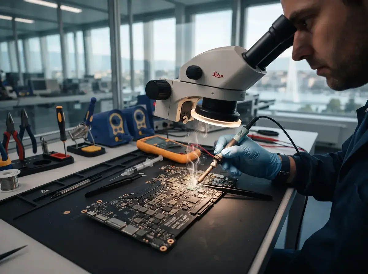 Technicien électronique Genève réalisant une micro-soudure sur une carte électronique sous microscope Leica