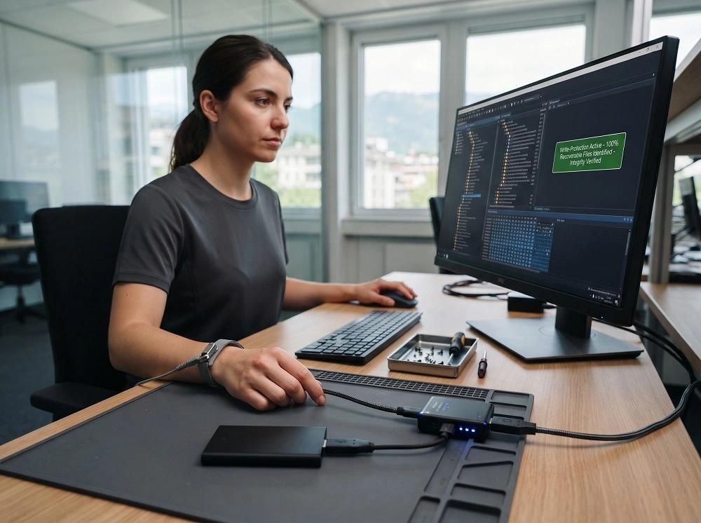 Technicienne en récupération disque dur analysant les fichiers récupérables sur logiciel forensique professionnel