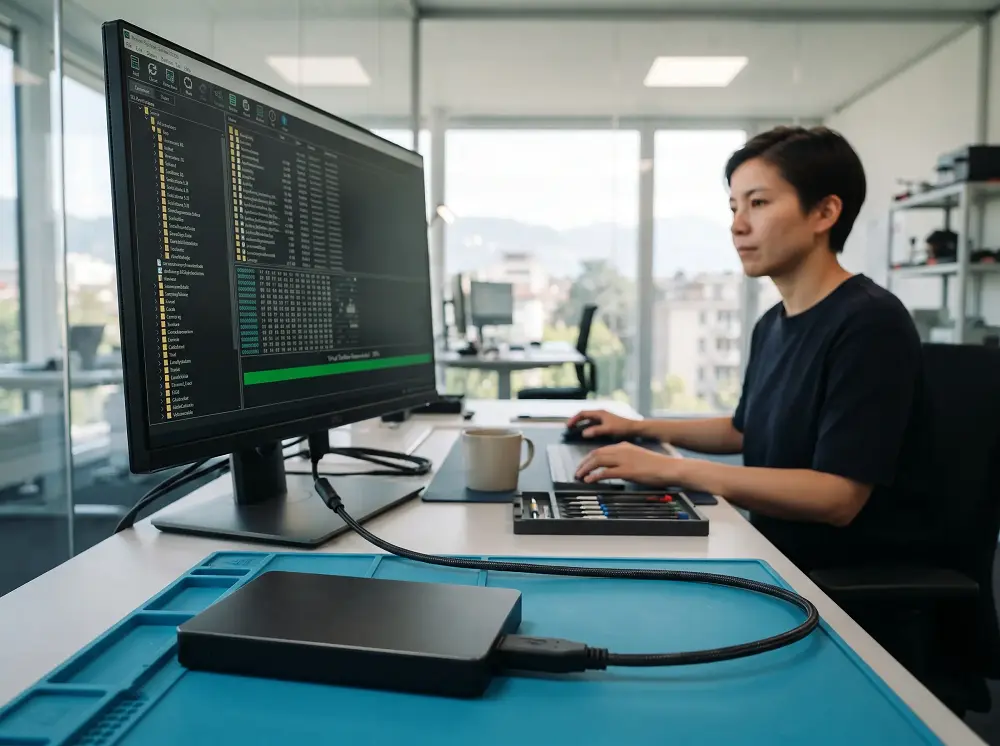 Expert en récupération disque dur scannant un disque externe avec logiciel de récupération professionnel
