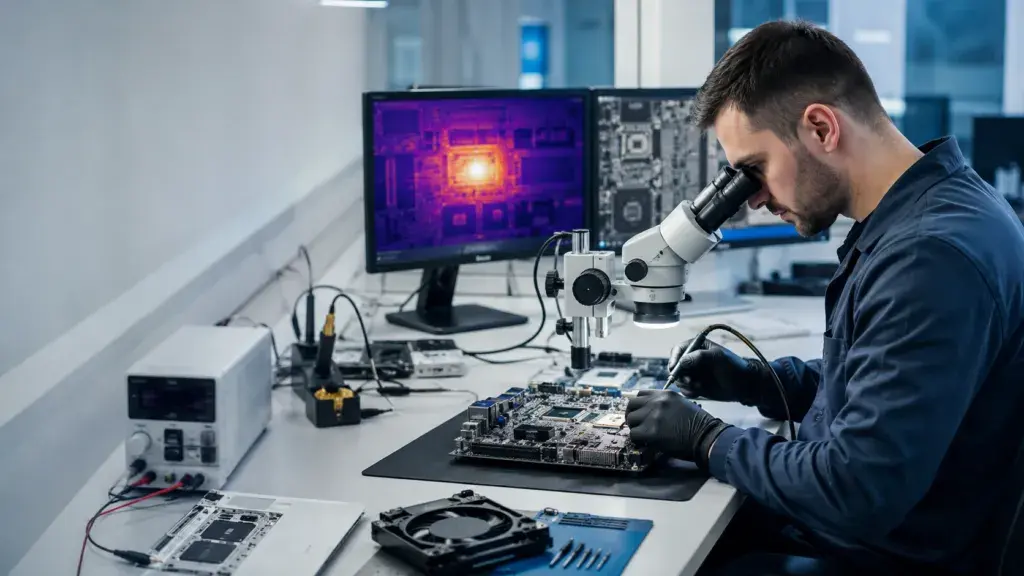 Technicien réparant une carte mère d'ordinateur avec fer à souder et microscope à Genève.