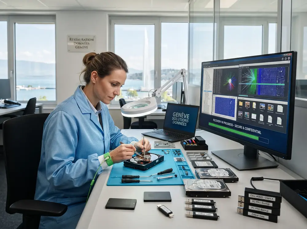 Spécialiste en récupération disque dur Genève analysant plusieurs disques durs et clés USB en laboratoire