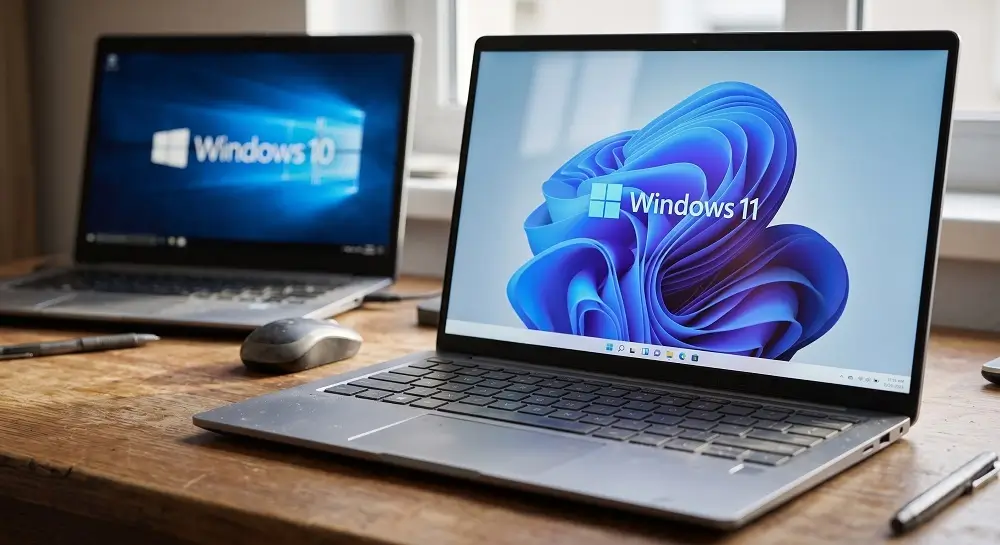 Deux ordinateurs portables affichant Windows 10 et Windows 11 côte à côte pour migration sécurisée par Genève Informatique & Électronique