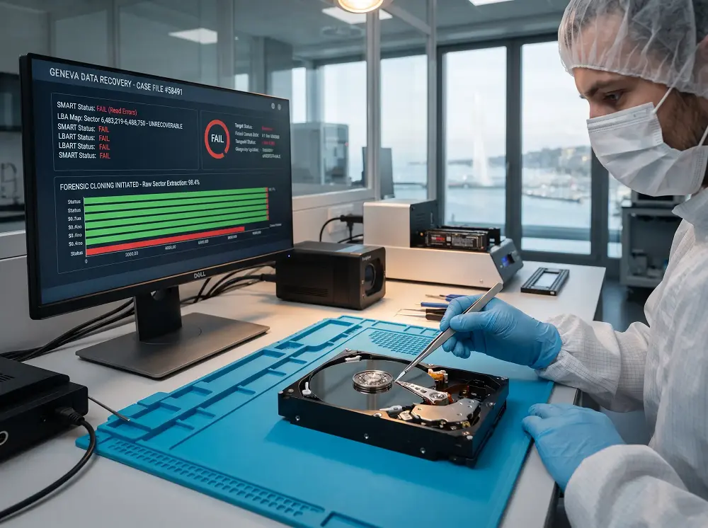 Spécialiste en récupération disque dur intervenant en salle blanche sur disque défaillant avec diagnostic SMART
