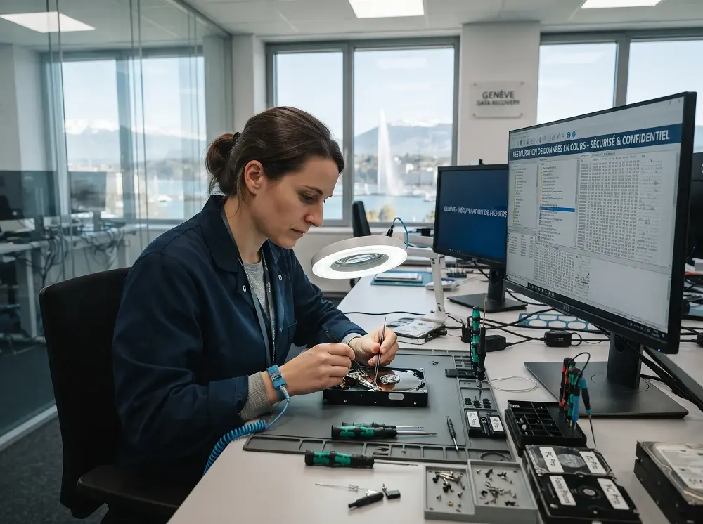 Technicienne en récupération disque dur Genève utilisant une pince de précision sous lampe loupe professionnelle