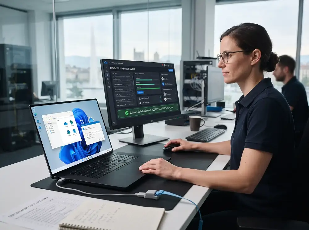 Technicienne certifiée réalisant une installation informatique Genève avec configuration Windows 11 et tableau de bord cloud en entreprise