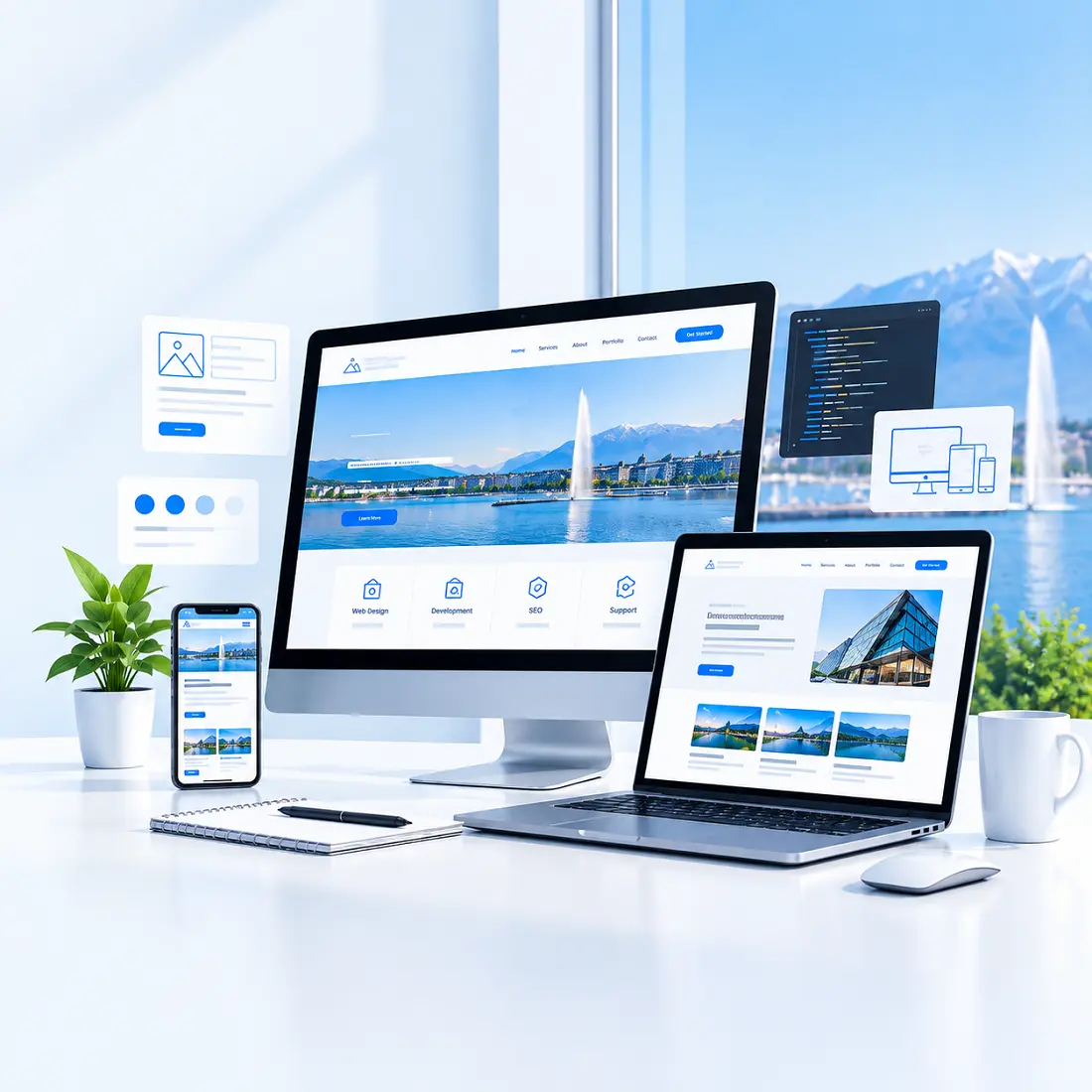 Agence web Genève présentant un site web responsive affiché sur ordinateur, laptop et mobile