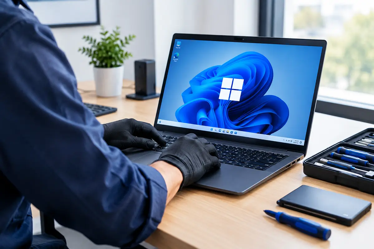 Technicien en gants noirs installant Windows 11 sur un ordinateur portable professionnel à Genève