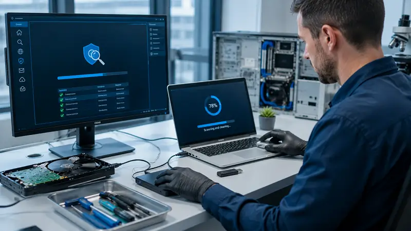 Mains tapant sur un clavier rétroéclairé illustrant la détection des malwares par Genève Informatique & Électronique