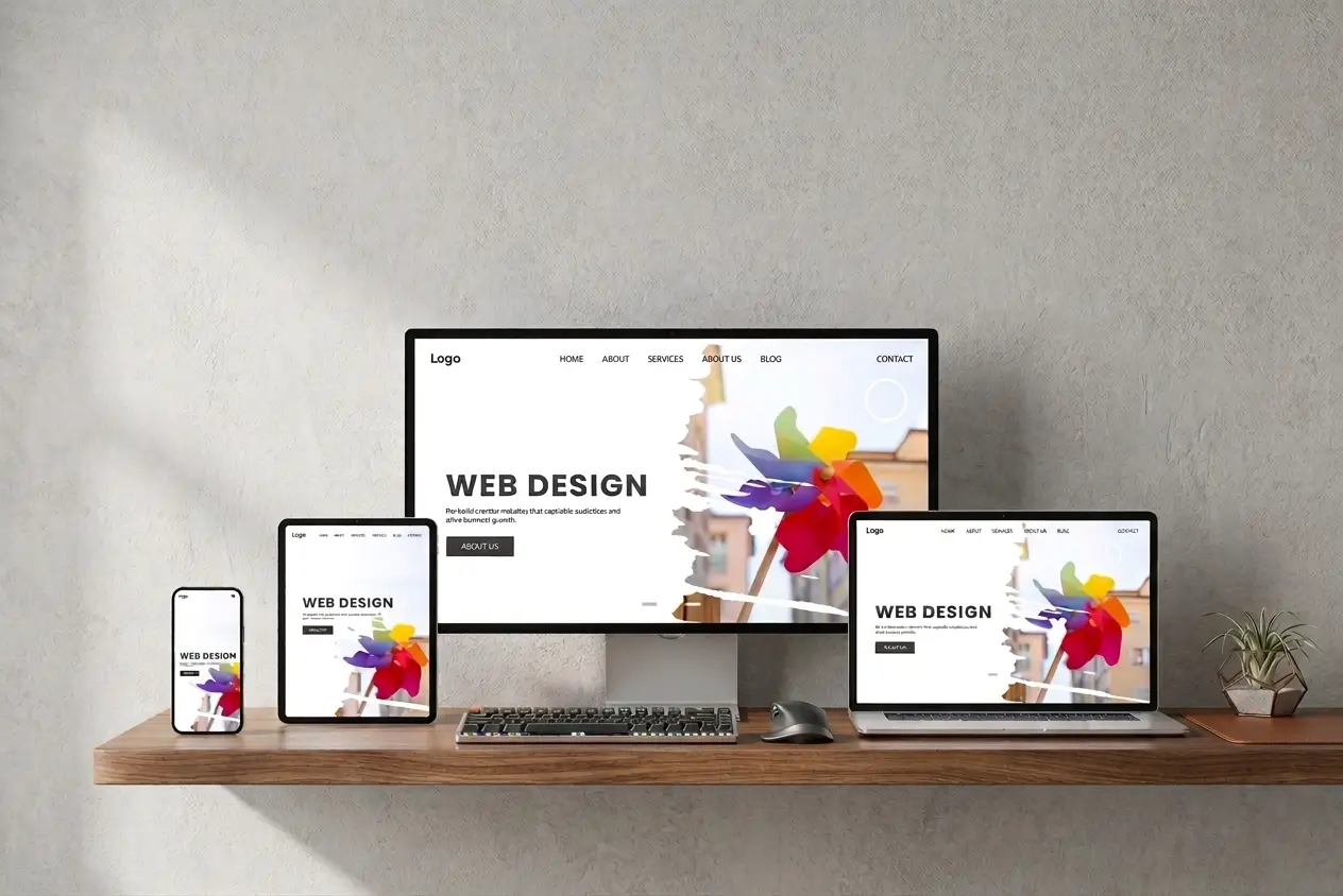 Desk setup with a desktop monitor, laptop, tablet, and phone displaying a web design layout on a wooden shelf.
